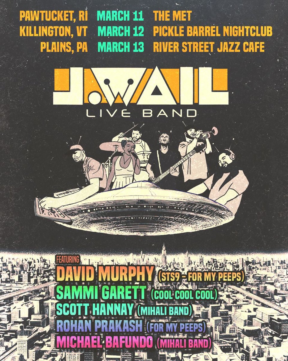 jwail's tweet photo. J.Wail’s Live Band is back for a very special 3 night run in the North East featuring David Murphy, Sammi Garett, Scott Hannay and Michael Bafundo &amp; Rohan Prakash! 

Mar 11 - @TheMet - Pawtucket, RI
Mar 12 - @PickelBarrel - Killington, VT
Mar 13 - @Riverstreet - Plains, PA https://t.co/QITJOww1oq