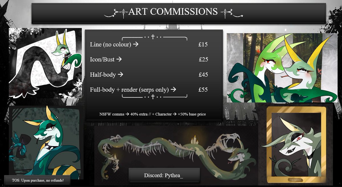 Pythea_'s tweet image. My art c0mms are open again! Feel free to DM me here or on my discord if you're interested &amp;lt;3 

If you do not want to order but still want to support me you can do so at ko-fi.com/pythea!

Thank you 🦇!
#serperior #Pokemon #PokemonLegendsZA