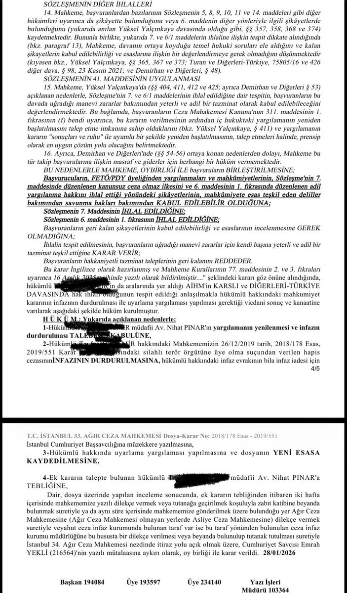 Yeniden yargılama taleplerine olumlu cevaplar gelmeye devam ediyor, umarım hepsi beraatle sonuçlanır 🙏