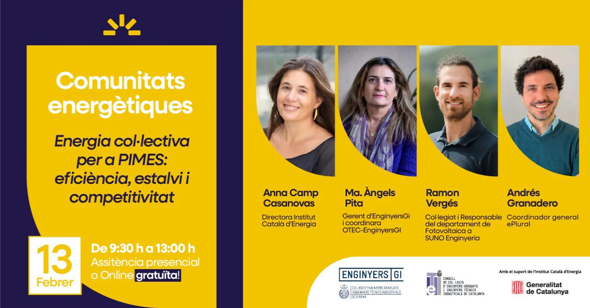 GironaCetig's tweet photo. 🔋 Les comunitats energètiques són clau per al futur ⚙️
Descobreix com els autoconsums compartits poden millorar la competitivitat de les empreses 🌱

☀️ Fotovoltaica
🔋 Bateries
🏗️ Creació de comunitats
🏭 Casos d’èxit

👉 No t’ho perdis!

#enginyersgi #girona #otec https://t.co/9ggdvi6gxJ