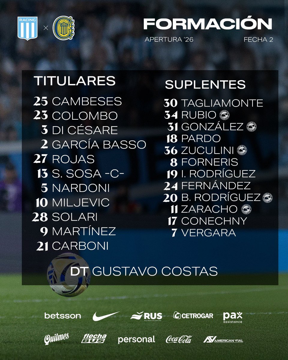 TotalmenteRC's tweet photo. #TorneoApertura2026
#Fecha2
#HoyJuegaRacing
Asi forma La Academia para recibir al Canalla, desde las 19:00, en el Cilindro:
📸@RacingClub https://t.co/NKOkLSzPq5