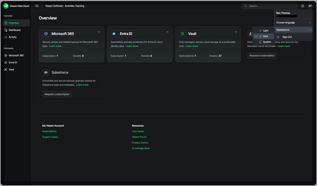 Veeam Data Cloud finally has dark mode. My eyes can finally stop burning during late-night config sessions. It is tucked under the appearance menu in the top right. 🌙

#VeeamCommunity #Sysadmin #DarkMode