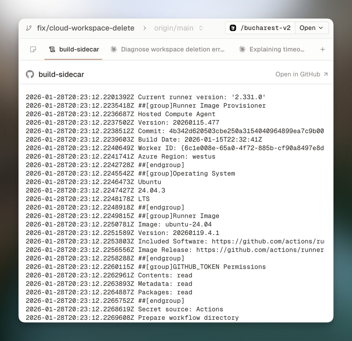 GitHub Actions logs view