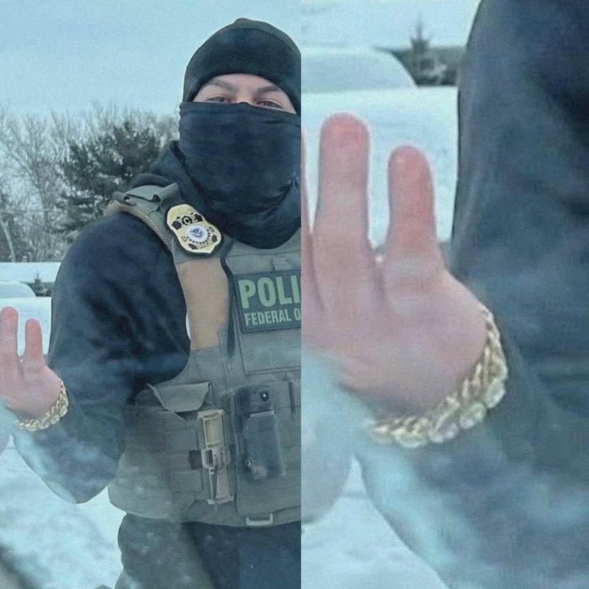 DougWahl1's tweet image. It now appears that some ICE agents are stealing from the people they're arresting. This agent was photographed with a gold bracelet he took off a man in Minnesota.

Your thoughts?