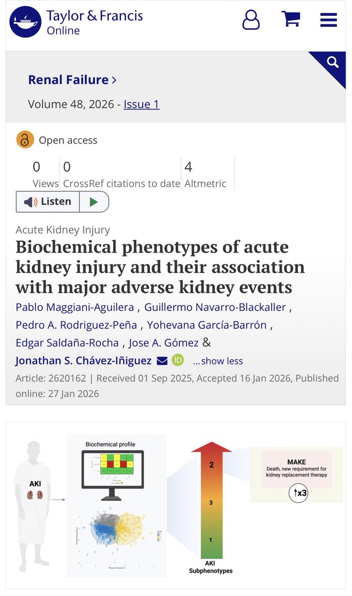 JonathanNefro's tweet image. Nuestro nuevo Artículo Original😉

Identificamos 3 fenotipos de pacientes con lesión renal aguda, discriminan muy bien aquellos que desarrollan evento real mayor durante el seguimiento, con variables simples y sencillas

Gratis👇🏻
Renal Failure 2026
tandfonline.com/doi/full/10.10…