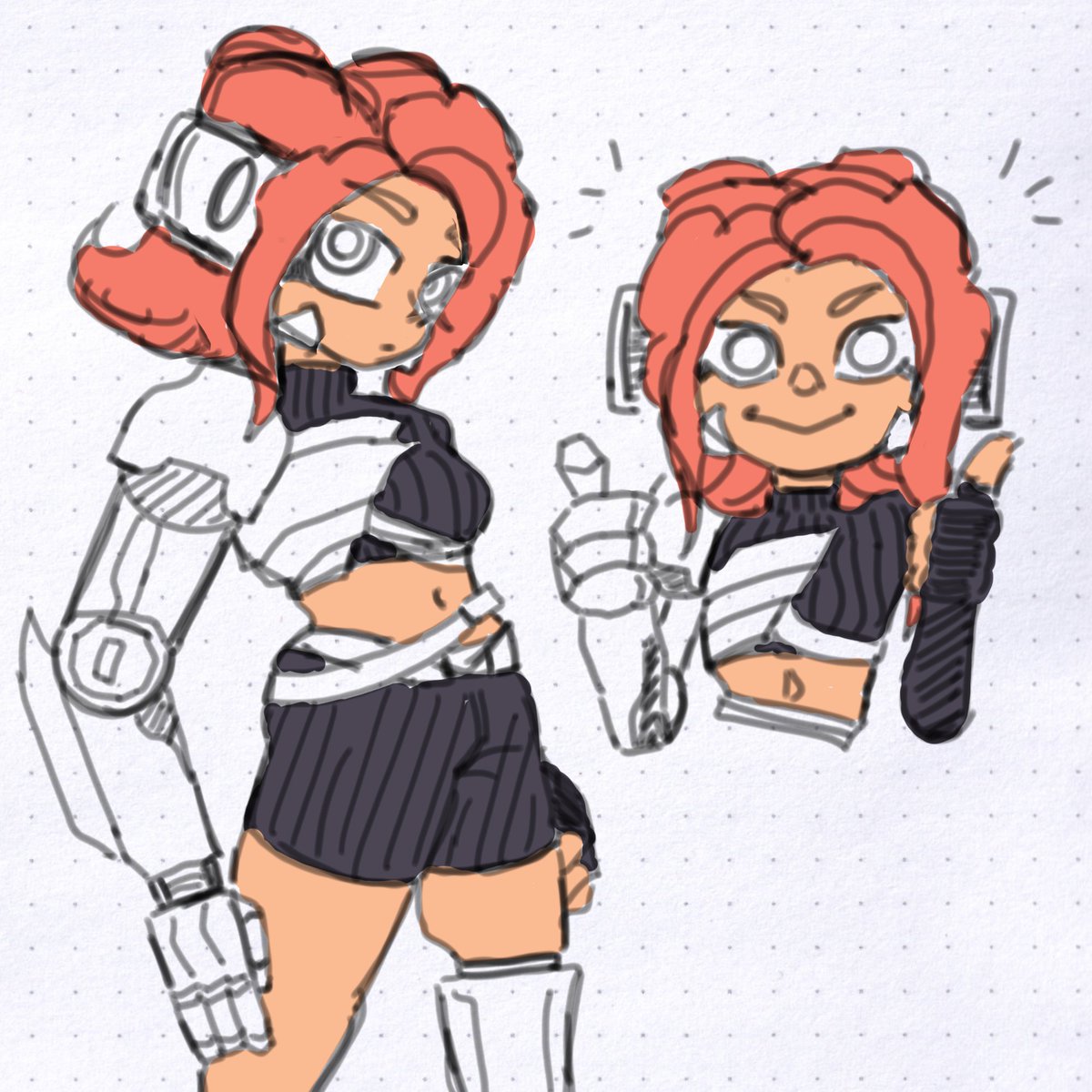 Doodles of a cyborg Agent 8 from last year that I never posted - I hope to do more robot stuff in the future :)

#Splatoon #Agent8