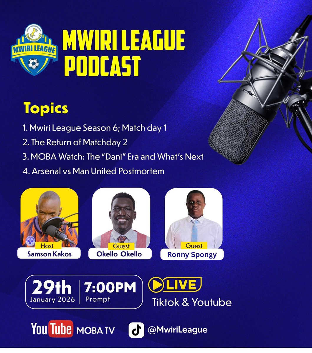 MwiriLeague's tweet photo. Don’t miss tomorrow’s #MLPodcast as Samson Kakos hosts the nation’s comedy king @okellokelo and the "Chief Memer" Ronny Spongy 

We’re breaking down the #MD1 postmortem, looking ahead to #MD2 , checking in on the "Dani" Era, and settling the Arsenal vs. Man United debate⚽️🔥 https://t.co/urViD3pZAU