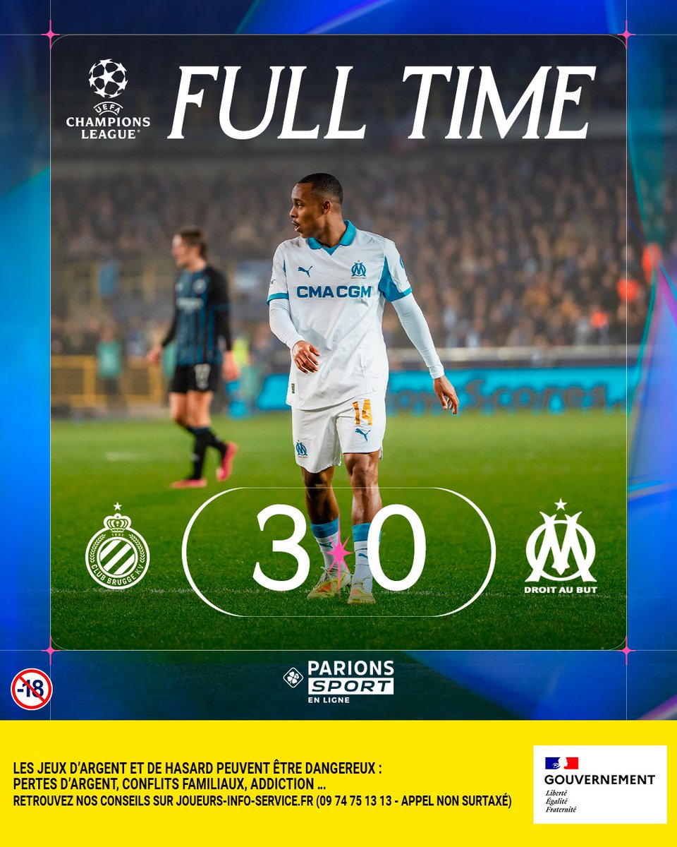 OM_Officiel's tweet image. ⏱️ 90+5’ | #CLUOM 3️⃣-0️⃣

Fin du match, nos Olympiens s’inclinent face au Club Bruges.

L’OM doit attendre le résultat des autres rencontres pour connaitre son destin.