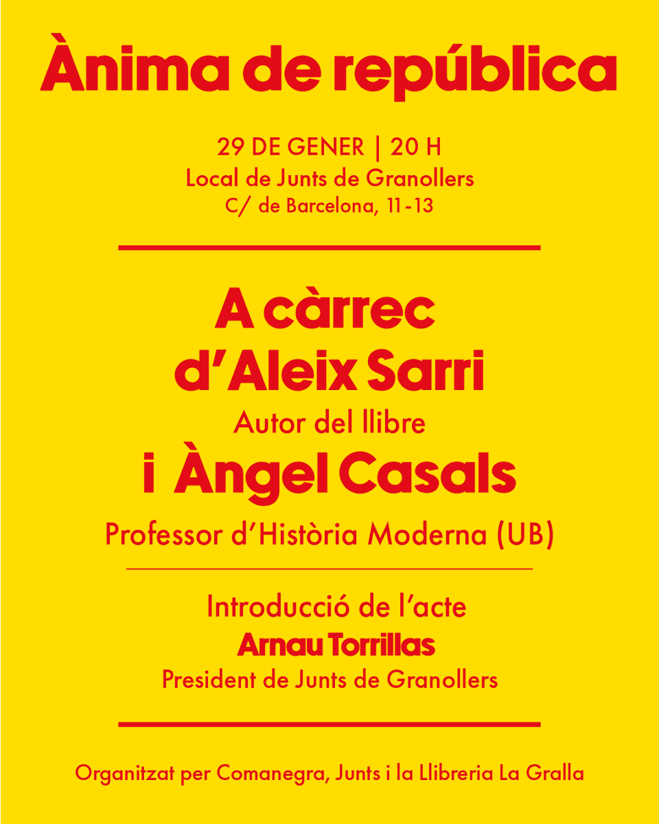 aleixsarri's tweet photo. I per acabar la setmana, demà a les 20h presentarem Ànima de República a Granollers. Amb l'@ArnauTorrillas i l'@ngelCasals1, amb qui parlarem de tot el què podem aprendre del nostre passat per a entendre'ns millor i construir el futur. Us hi esperem! https://t.co/o3dSWTkytd