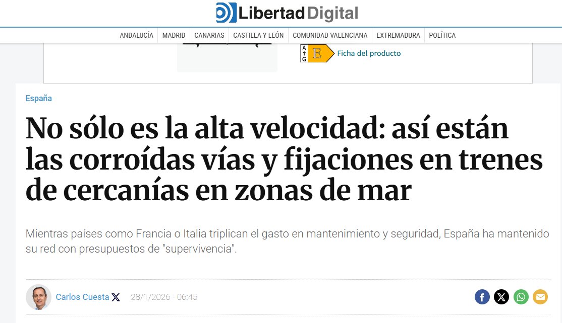 navedelmisterio's tweet photo. Es noticia en Libertad Digital @libertaddigital  
No sólo es la alta velocidad: así están las corroídas vías y fijaciones en trenes de cercanías en zonas de mar #Horizonte 
https://t.co/XdYNb93Qqf