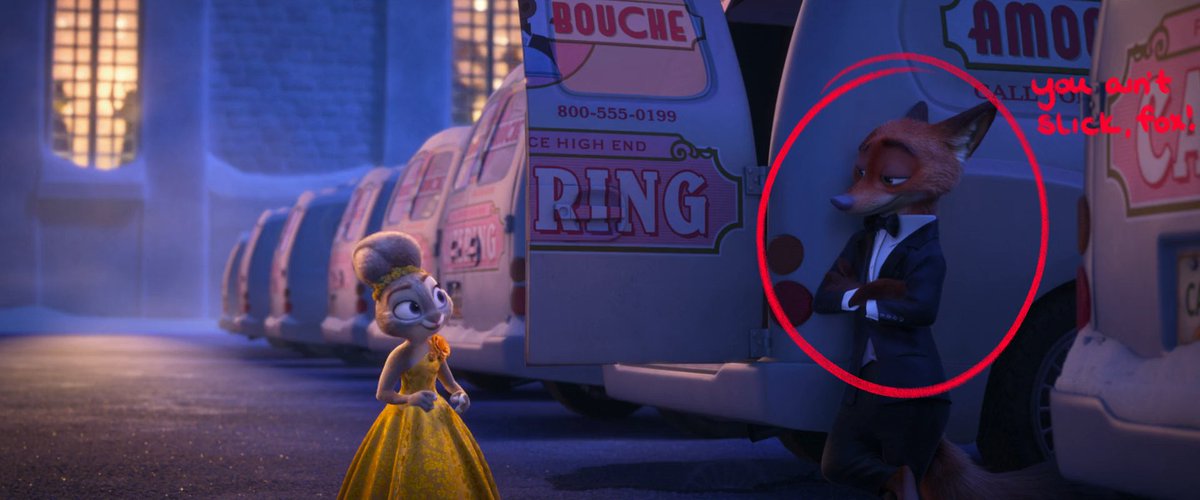 nick has a smug expression while observing his reflection on the side of the van, but he immediately lights up when he sees judy!

when judy looks at him though, he'd moved to stand casually against the rear of the vehicle, smug expression back in place.  he was playing it cool!