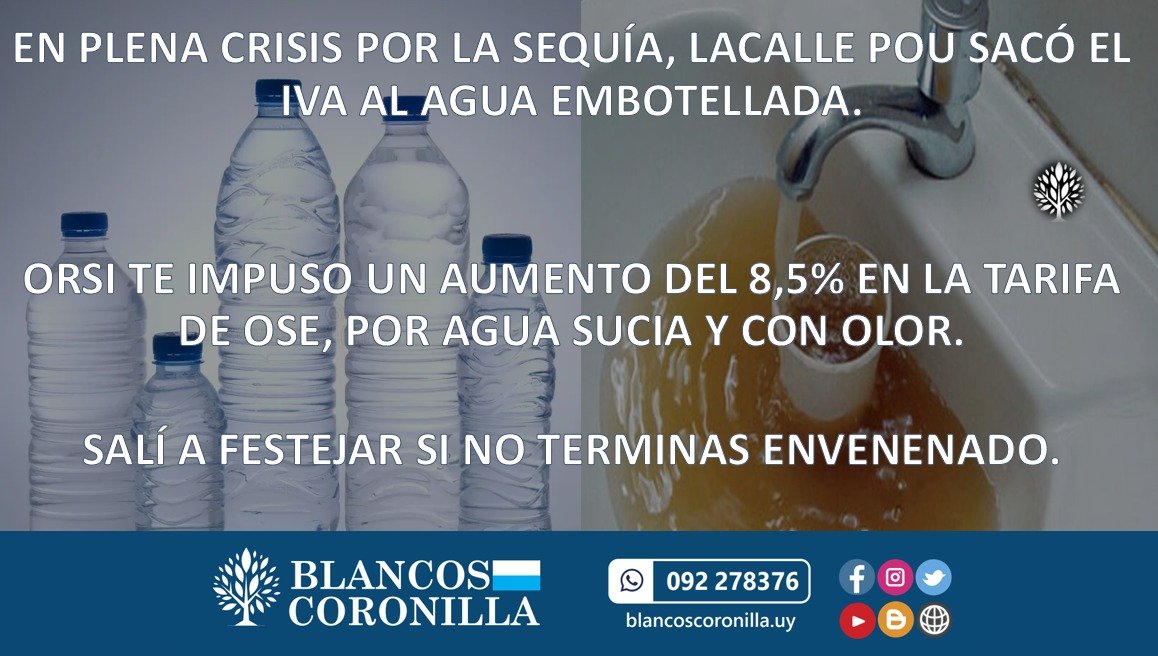 BCoronillas's tweet image. EN PLENA CRISIS POR LA SEQUÍA, LACALLE POU SACÓ EL IVA AL AGUA EMBOTELLADA.

ORSI TE IMPUSO UN AUMENTO DEL 8,5% EN LA TARIFA DE OSE, POR AGUA SUCIA Y CON OLOR.

#BlancosCoronilla