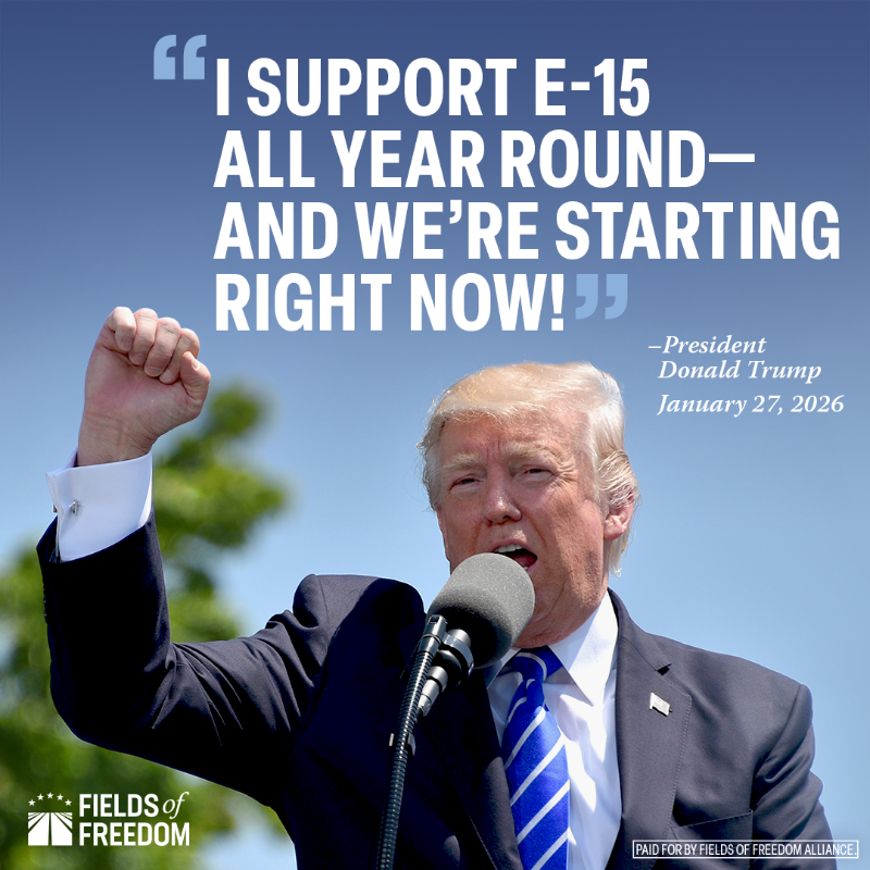 FieldsFreedom24's tweet photo. President Trump just announced his commitment to year-round E-15—supporting American farmers, strengthening energy independence, and lowering costs at the pump.

Congress is close on sealing the deal. The action starts now.
