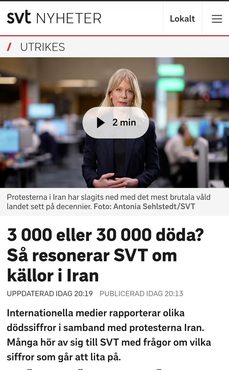 InteSosseSe's tweet image. SVT rapporterade blint från Hamas i varenda sändning i över två år utan att problematisera eller ifrågasätta terroristgruppen som deras primära källa. När @svt en månad sent drar igång minimal bevakning om Iran publiceras plötsligt en artikel som ifrågasätter antalet döda där! -&amp;gt;