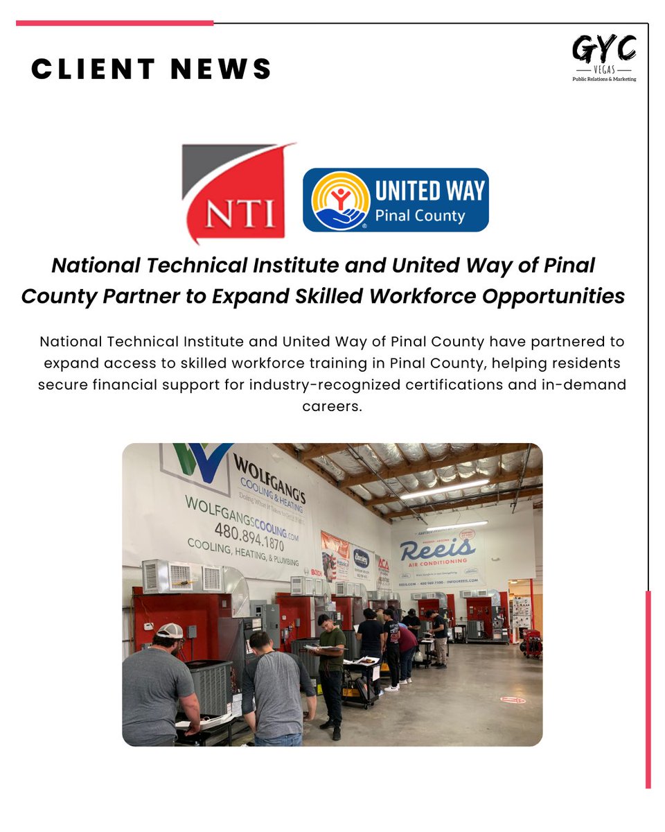 📢 Client News: NTI Phoenix and United Way of Pinal County are expanding access to skilled workforce training. Eligible participants can receive up to $3,000 toward high-demand trades like HVAC, plumbing &amp; electrical. Learn more &amp; apply: gycvegas.com/client-news/