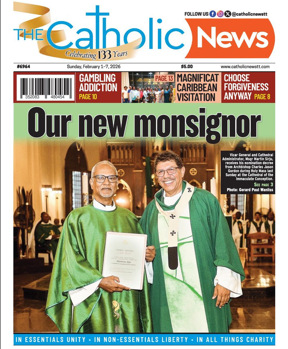 Our new monsignor.
This week’s Catholic News highlights Msgr Martin Sirju, Vicar General and Cathedral Administrator, receiving. his nomination decree.
Get your #CatholicNews In parishes/retailers and online at catholicnewstt.com.