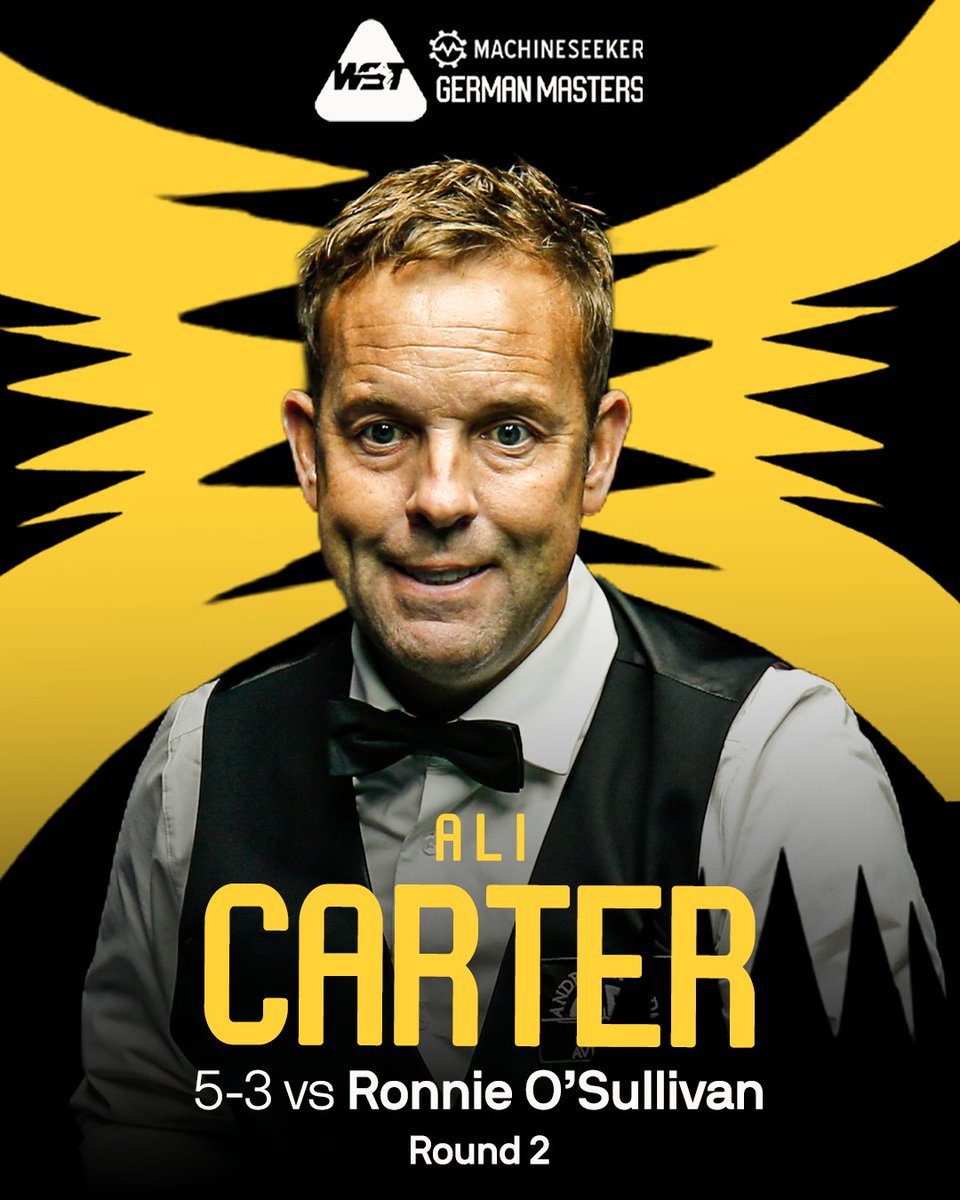 WeAreWST's tweet photo. A SECOND CAREER WIN OVER O'SULLIVAN! 🔥

Ali Carter is hunting a hat-trick of #GermanMasters titles, winning 5-3 against the Rocket in Round 2! 🙌

@Machineseeker https://t.co/uWg3pkDYbu