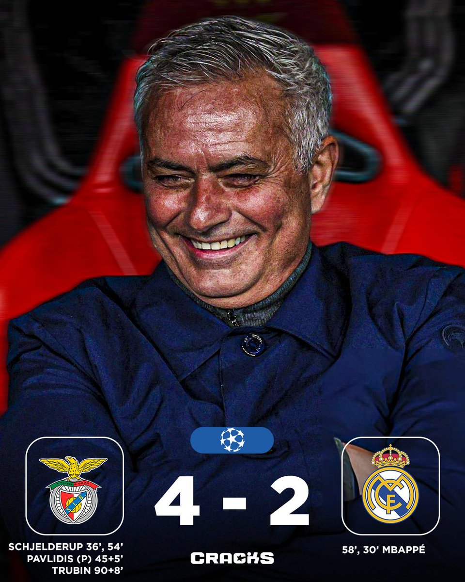 ➟ 𝙁𝙄𝙉𝘼𝙇 | Benfica 4-2 Real Madrid

𝐌𝐀𝐃𝐑𝐈𝐃 𝐍𝐎 𝐄𝐍𝐓𝐑𝐀 𝐀𝐋 𝐓𝐎𝐏 𝟖. Jugará 16vos.

Jornada 8 🗓 | Champions League 🇪🇺
