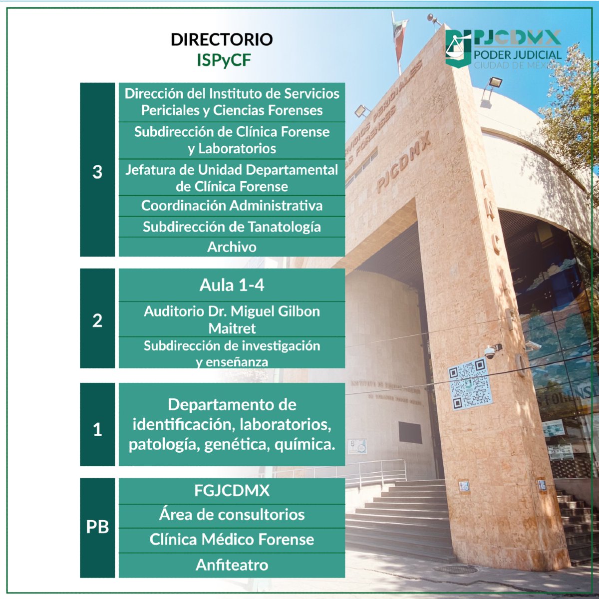 🏛️ Conoce la ubicación de cada área del Instituto de Servicios Periciales y Ciencias Forenses del #PJCDMX.
Desde Tanatología hasta el Anfiteatro, este directorio te guía piso por piso.
#ISPYCF #CienciaForense #CulturaJurídica