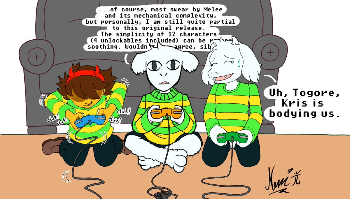 Togore Gaming.
This is a commission for <a href="/Tomatopride/">🌟hopeless gay🌟</a>! Please enjoy it!
I generally wanna draw more Undertale Deltarune again tbh. These characters are really fun to mess around with.
#VGenComm