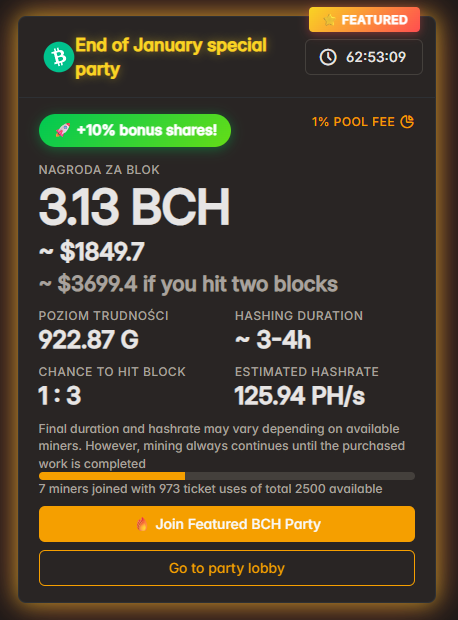 letsmineit's tweet image. END OF JANUARY SPECIAL PARTY! No rig? No worries! Jump into Ticket Mining NOW – join/launch parties &amp;amp; mine BTC, BCH, XEC, more.Featured BCH team: +10% bonus shares + huge block potential! Last big drops of the month! letsmine.it/party #BITCOIN #LetsMineIt #BCH #BTC