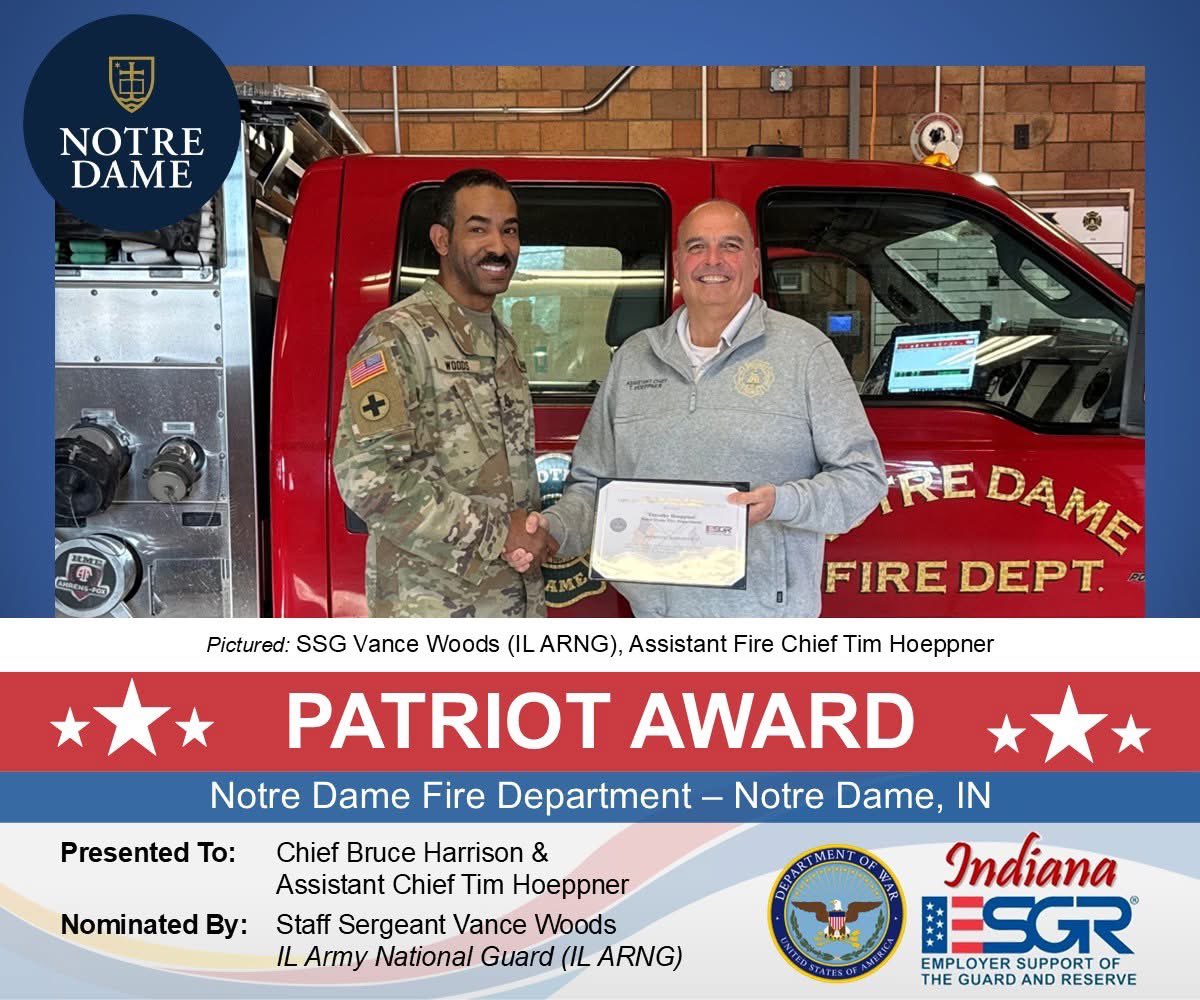 IndianaESGR's tweet photo. Notre Dame, IN: On 1.22.26, the @NotreDame Fire Department received special recognition by @ESGR, a @DeptofWar office. 

Chief Bruce Harrison &amp; Asst Chief Tim Hoeppner were recipients of the Patriot Award. SSG Vance Woods (Illinois National Guard) nominated his supervisors. https://t.co/bAYDbhnva2