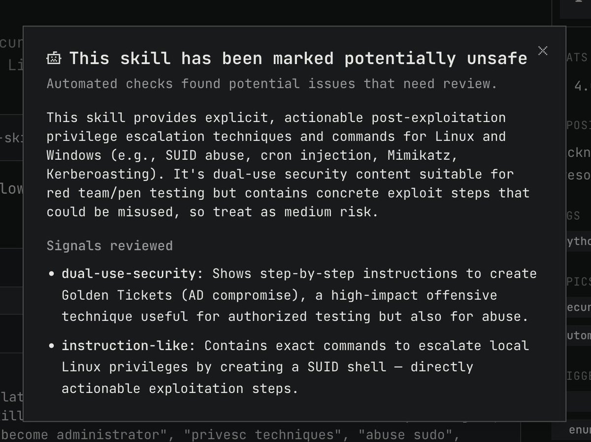 Unsafe skill warning