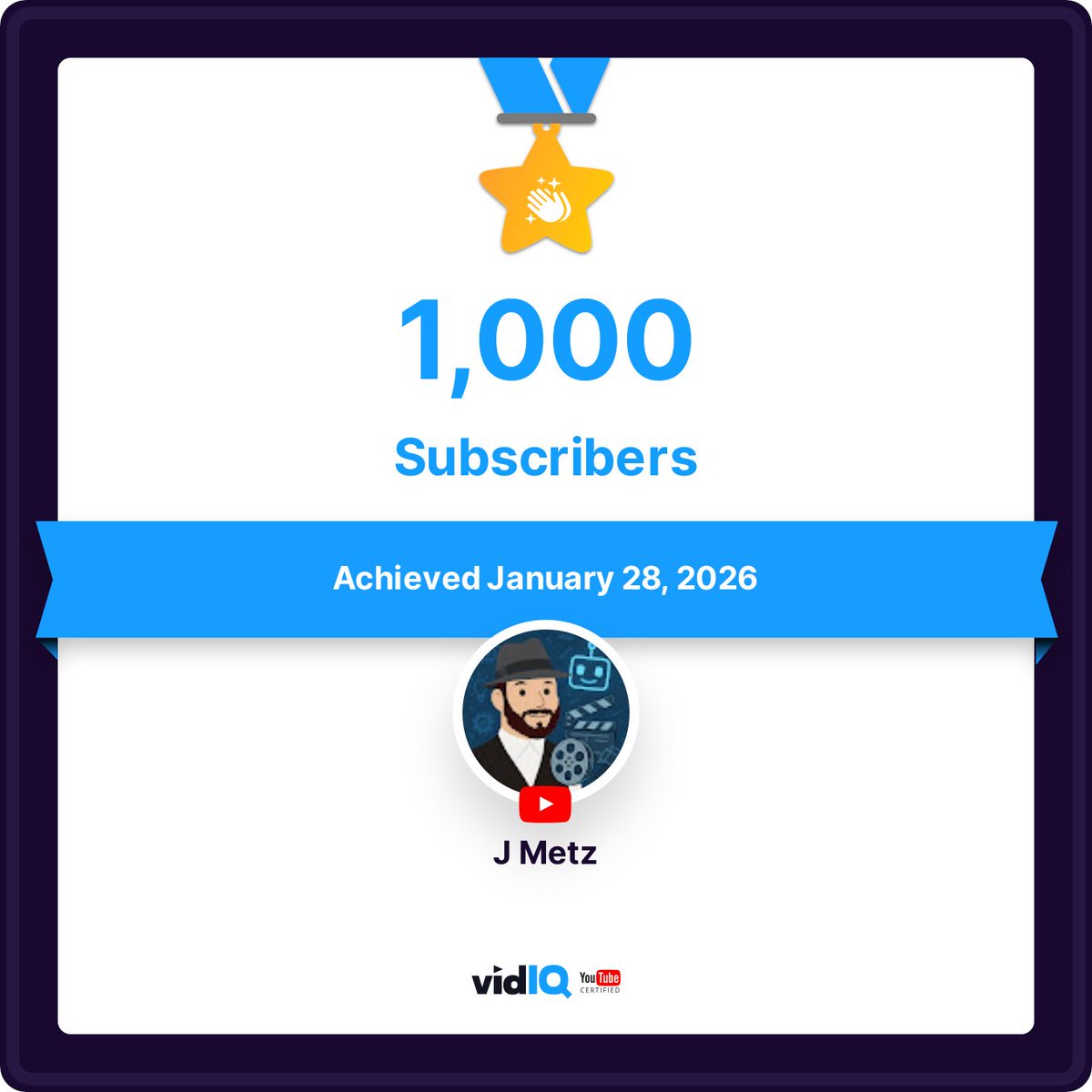 drjmetz's tweet image. It took a long time, and just reached a big milestone. Not quite there for monetization, but not bad for doing this hobby in my 'spare' time. :)

My YouTube channel achieved 1,000 Subscribers on January 28, 2026!  #vidiq #AIFilms #AIMusic #MetalCovers #Superheroes