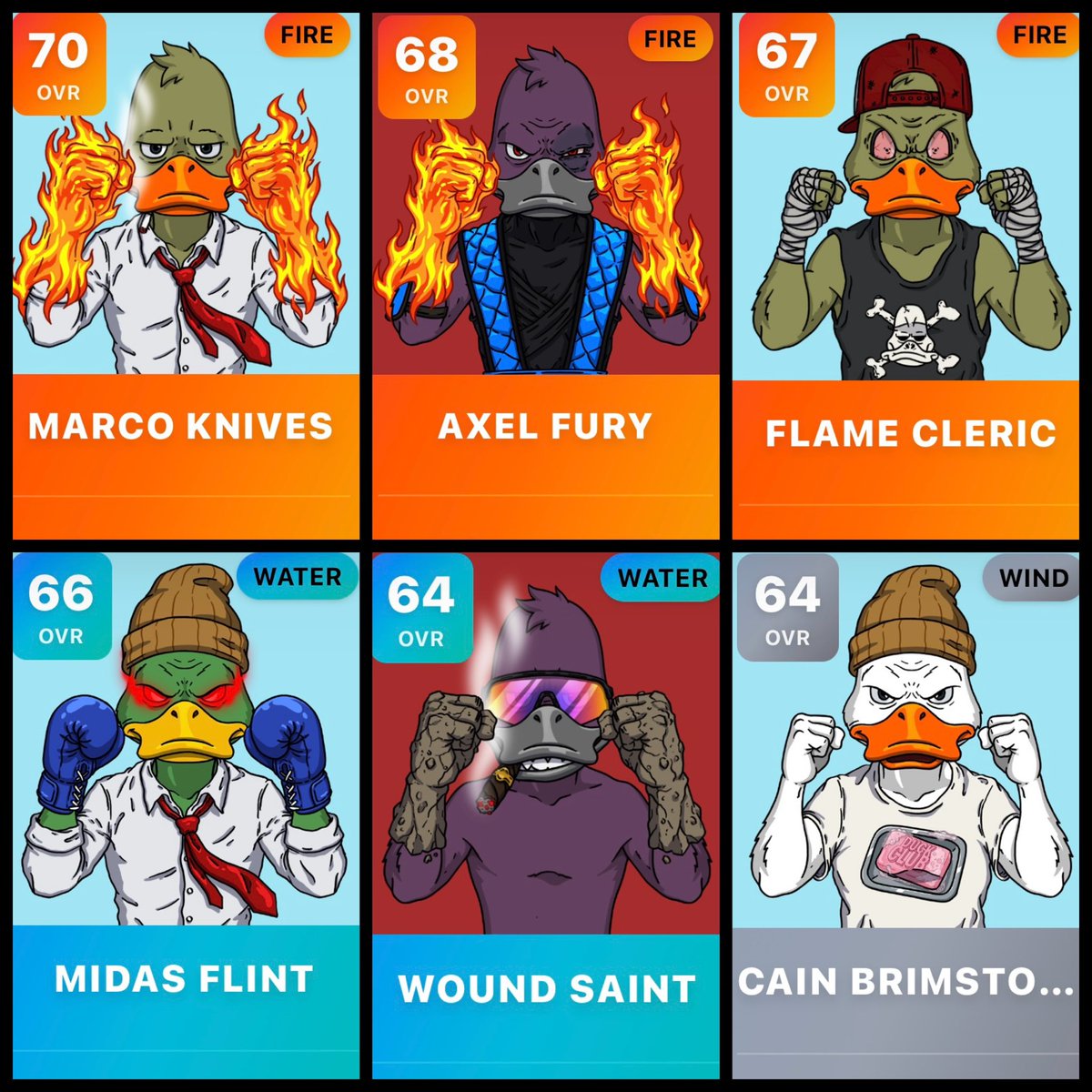 Officially sponsored fighters in Duck Club for $25 each 🥊

- <a href="/pyrat625/">JP</a>’s Marco Knives 🔥
- <a href="/SmokeyDuck2/">King lacsap</a>’s Axel Fury 🔥
- <a href="/NFTBeer420/">NFTBeer420</a>’s Flame Cleric 🔥
- <a href="/tducksassy/">Tduck 🦆</a>’s Midas Flint 🌊
- <a href="/Digital_dad23/">DigitalDad23🇨🇦</a>’s Wound Saint 🌊
- <a href="/Hysterax85/">hysterax.eth 🟡🪐 ✳️ 🦆</a>’s Cain Brimstone 💨

Thanks for hodling sharks 💪