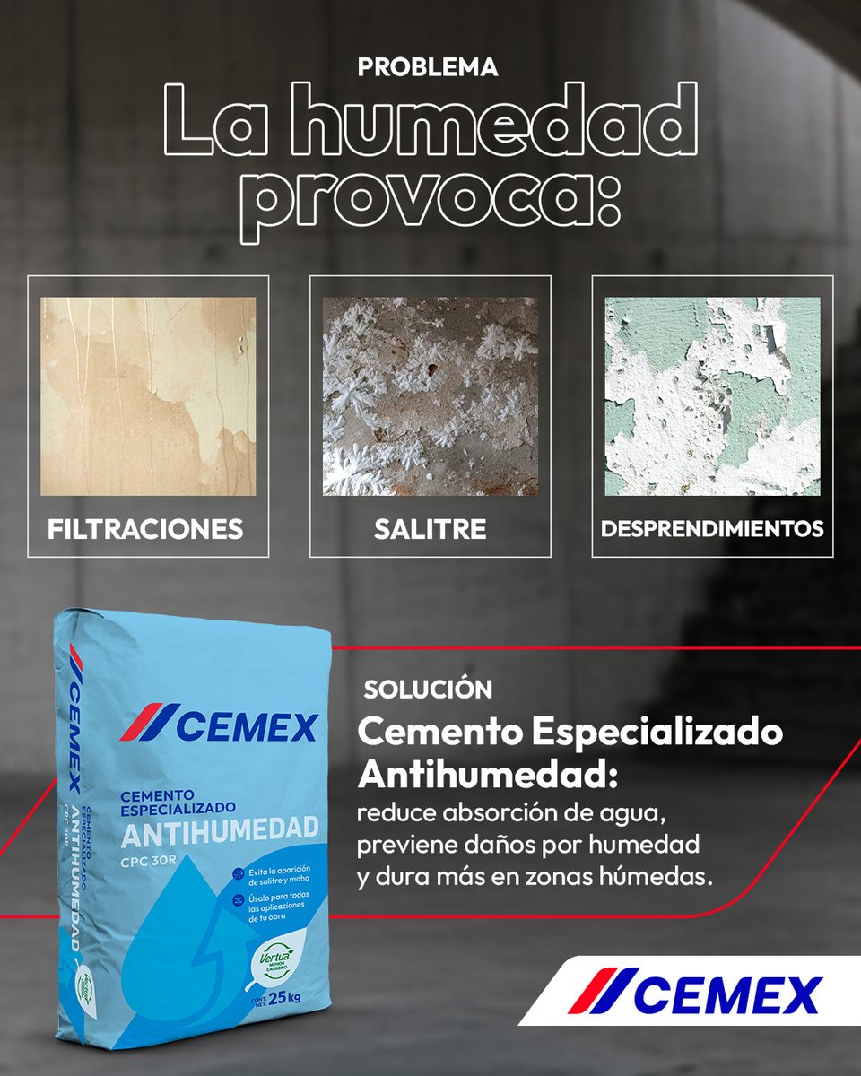 marojano's tweet photo. La humedad es uno de los mayores enemigos de la construcción.
Ideal para muros en contacto con el suelo, fachadas, baños, cocinas, sótanos y cisternas. Protege tu obra desde la base con el respaldo de Cemex. 💧🧱👌🏼
Encuéntralo en https://t.co/9FHo6LO00N
#Cemex https://t.co/PvsW40MGzL