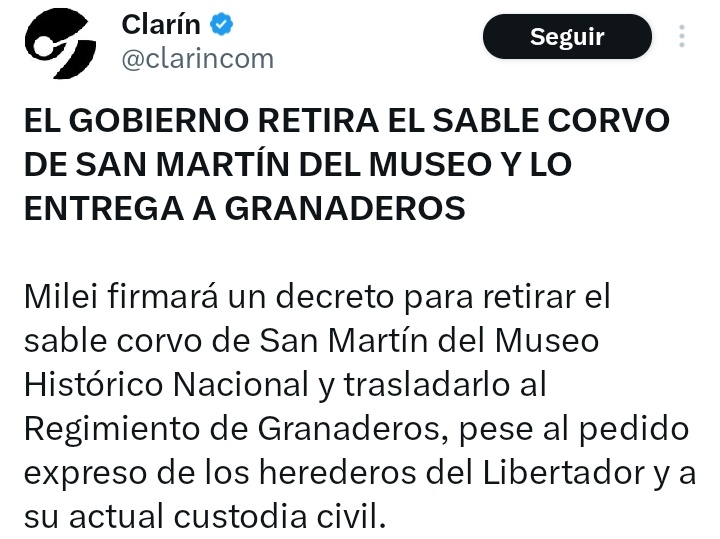 San martín lego su sable a Rosas en su testamento. Al morir Rosas, su hija manuela hizo la donación al museo histórico nacional.  Lo de milei es una afrenta a la memoria y al deseo post mortem de san martín. Ni al general respetan