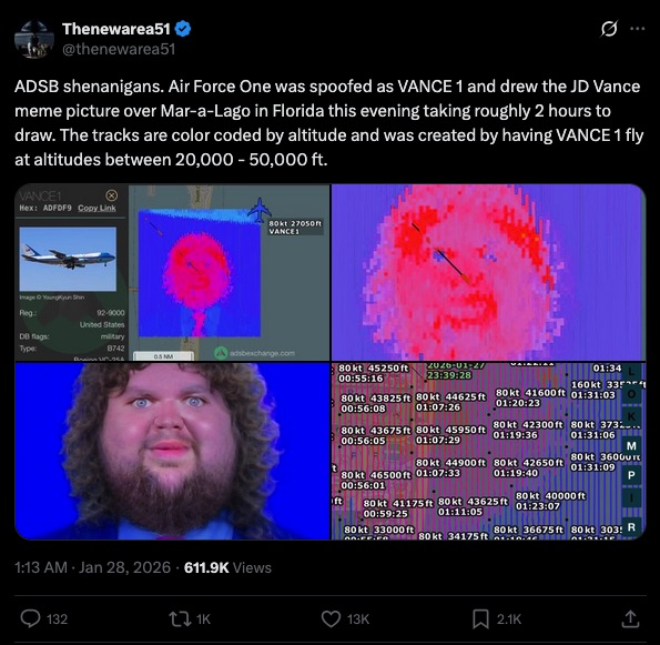 Named666's tweet photo. We have a little fun on Air Force One.
This was a test of a new automated piloting system. https://t.co/7PXKMQIAmu