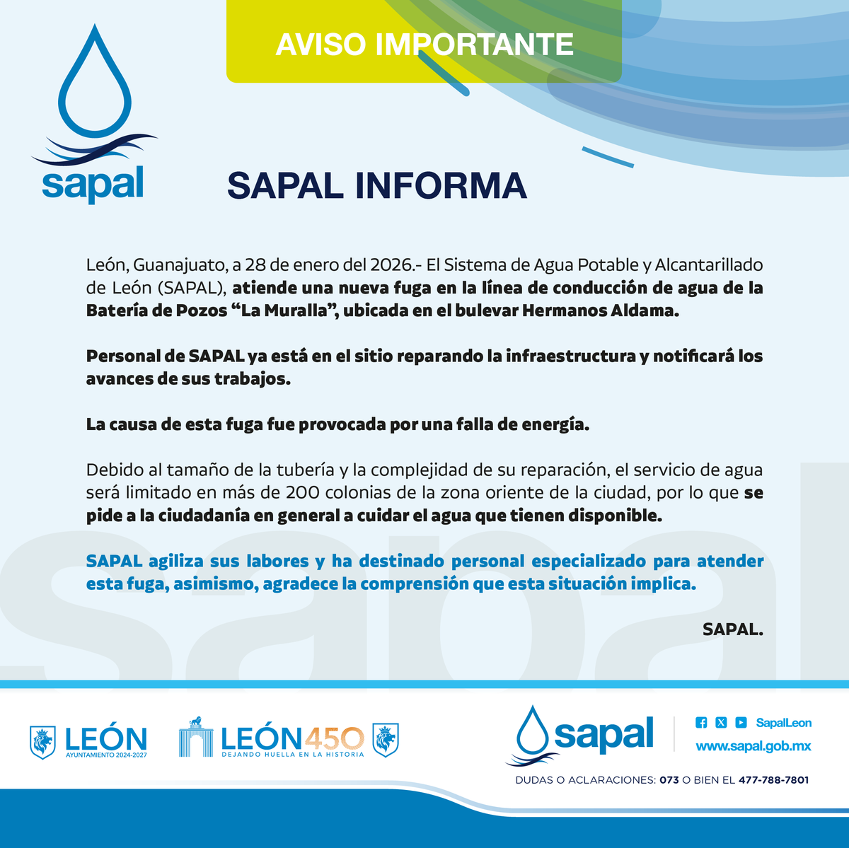 #SAPALInforma⚠️ Atendemos una fuga presentada en la línea de conducción de la batería de pozos "La Muralla", sobre el blvr. Hermanos Aldama al sur del municipio.
Reportes y dudas, mantenemos disponible las 24 horas del día el 073 y el 477 788 78 01.
Conoce más información. ⬇️