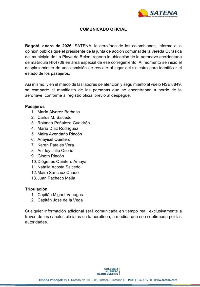 La lista de personas fallecidas en el accidente de aeronave de Satena