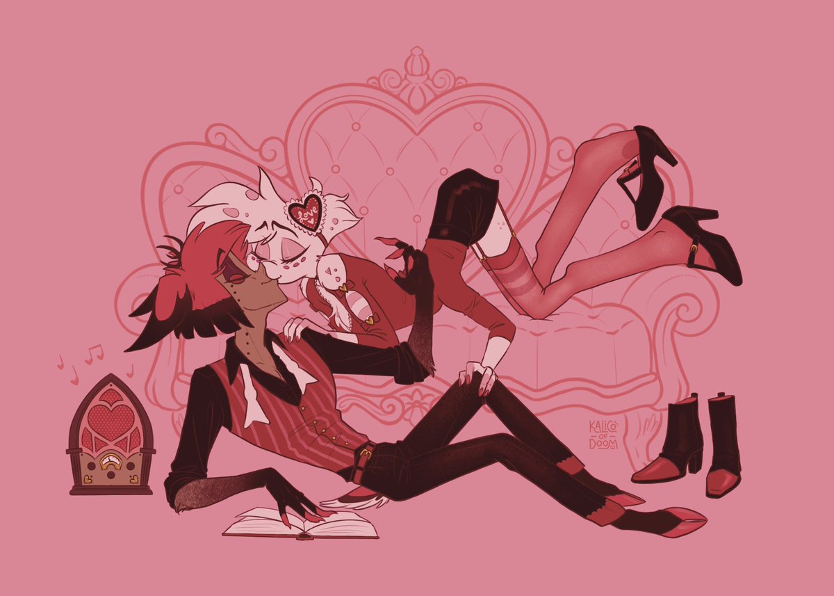 In a Valentine mood already~ This art will be dropping as stickers and prints soon just in time for Valentine’s Day ❤️

#HazbinHotel #RadioDust #Alastor #AngelDust