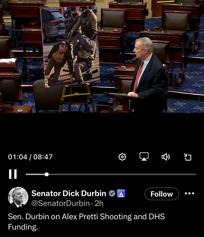 JerryDunleavy's tweet image. And here we have Senator Dick Durbin on the floor of the U.S. Senate using the AI edited photo of Ryan Pretti, which includes a headless federal agent among other incorrect flaws.