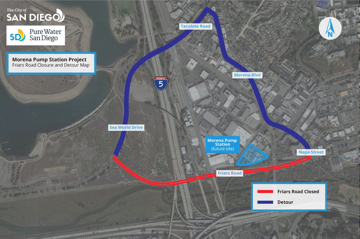 On 1/29, 9p-5a, an overnight full closure of Friars Rd. from Sea World Dr. to Napa St. will be in effect for the City of San Diego Morena Pump Station project.

Following the overnight closure, WB Friars Rd. will reopen from Napa St. to Sea World Dr. 
👉 bit.ly/49VQtEB