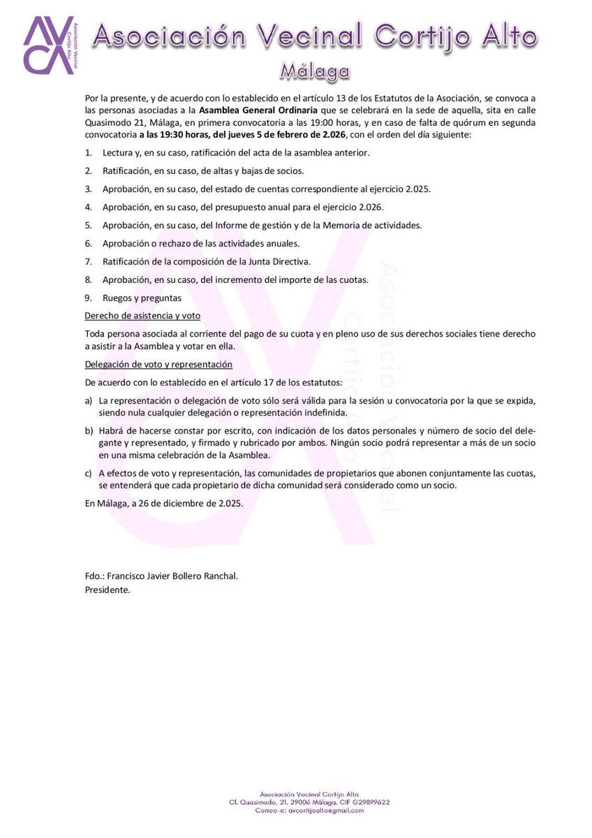 Por la presente, queridos vecinos y vecinas, se os invita a la próxima asamblea el próximo jueves 5 de febrero. Esperamos contar con vuestra asistencia