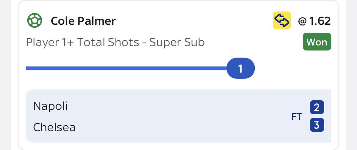 KingOnBets's tweet photo. ✅ WINNER!  🎯 Pick: Palmer 1+ shot lands 💰  💵 Units: + +0.93u  Odds were credited slightly higher when I placed and also a late payout after the game 🤷🏼‍♂️ 

We take the small wins 🤝🏻 
#KingOnBets 👑 | #GambleResponsibly https://t.co/Nel1Xu1sZK