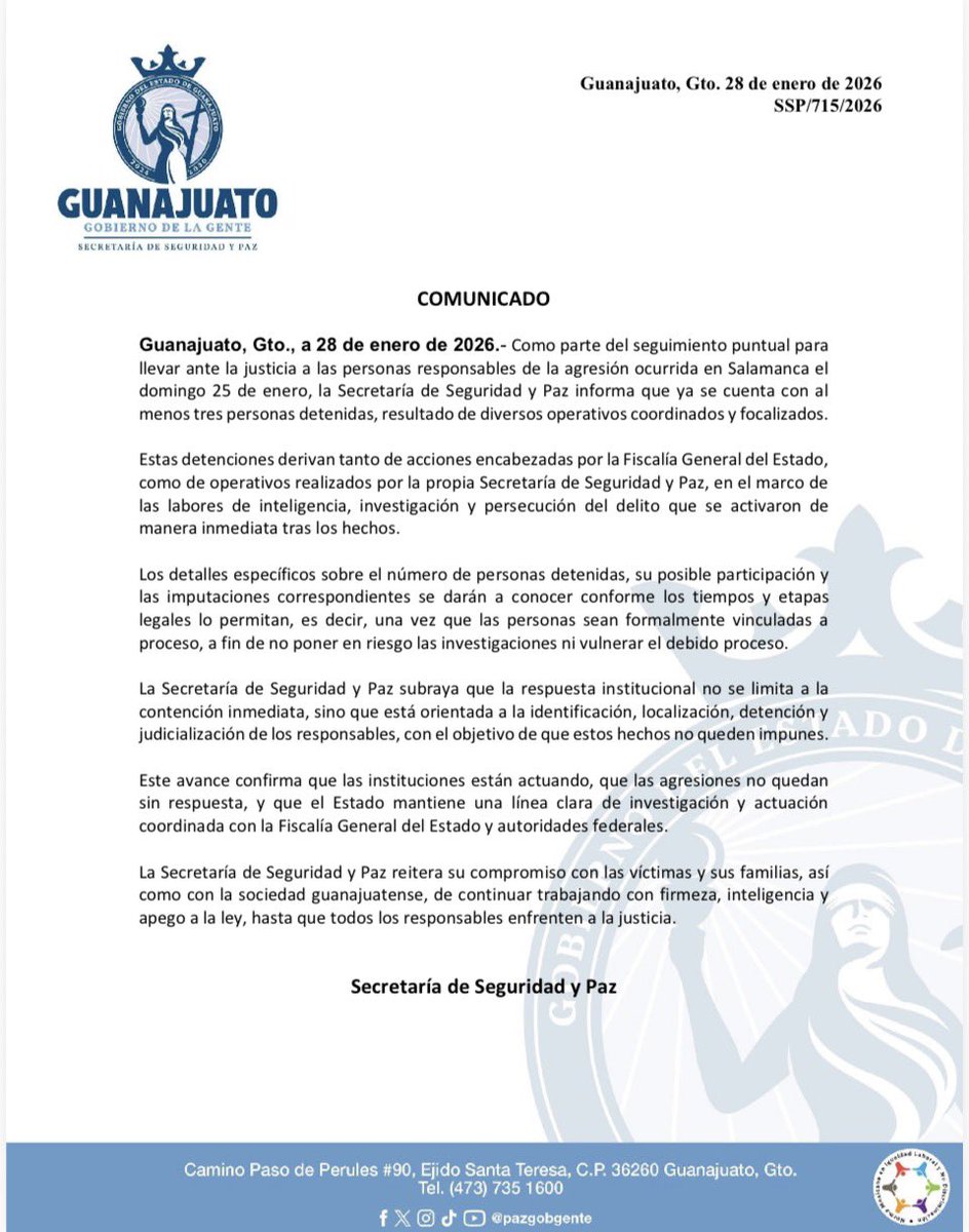 #ULTIMAHORA La Fiscalía de Guanajuato y la Secretaría de Seguridad y Paz confirman la detención de al menos tres personas presuntamente involucradas en la masacre de #Salamanca. facebook.com/share/1GavDv7R…