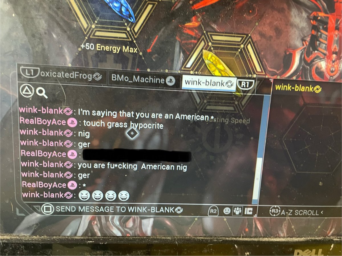 realboyjosh's tweet photo. @PlayWarframe please do something about this. This started all because I typed” inv” for invite for short and I got called the hard ER literally because of that. This is not appropriate at all nomatter what color or race I am!!! https://t.co/uicmQ4s9eO