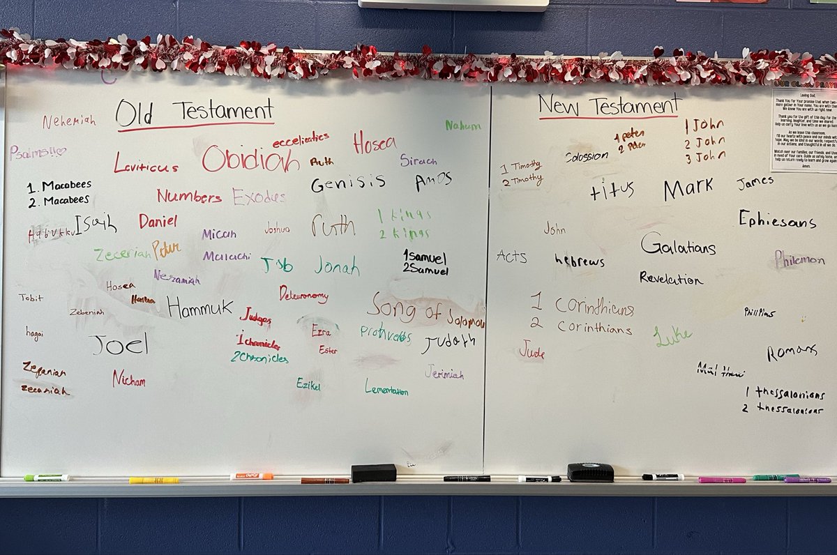 mlle_anton's tweet photo. Very proud teacher moment✨

Based only on memory, students wrote the names of the books of the Bible. Students were able to remember 71 out of the 73 books. 

Incredible work, grade 7s! 🤍 https://t.co/8n8l4QFbhM