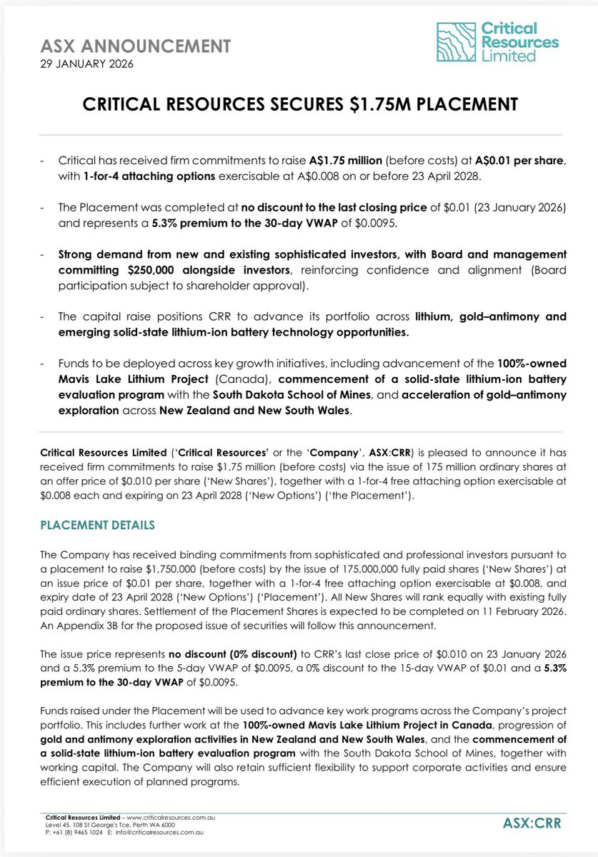 $CRR 🔥🔥🔥

Critical Resources raises $1.75M at no discount to last price. 

Funds will speed up Mavis Lake Lithium project, gold/antimony exploration, and solid-state battery work. 

Strong support from directors.