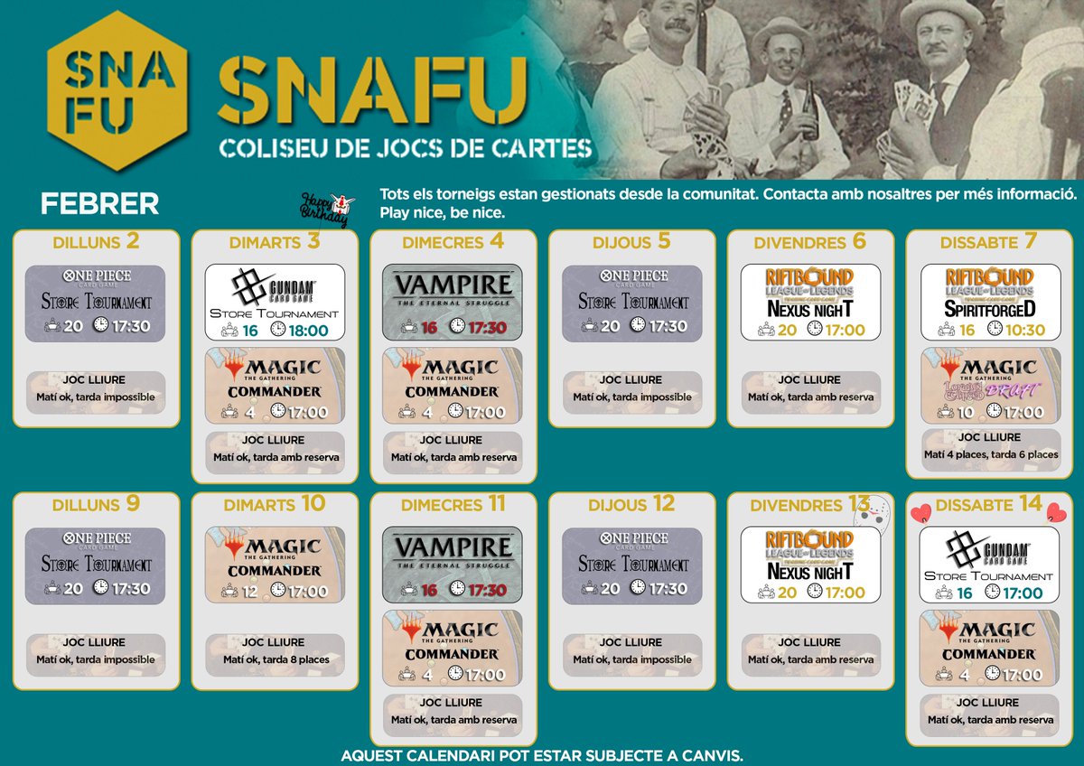 Les activitats de TCG previstes per les dues primeres setmanes de Febrer a SnafuStore.
Busca el teu TCG, busca el teu moment.
#OnePieceTCG 
#GundamTCG
#MtG #MagicTheGathering 
#VTES #Vampire 
#Riftbound #LeagueOfLegends