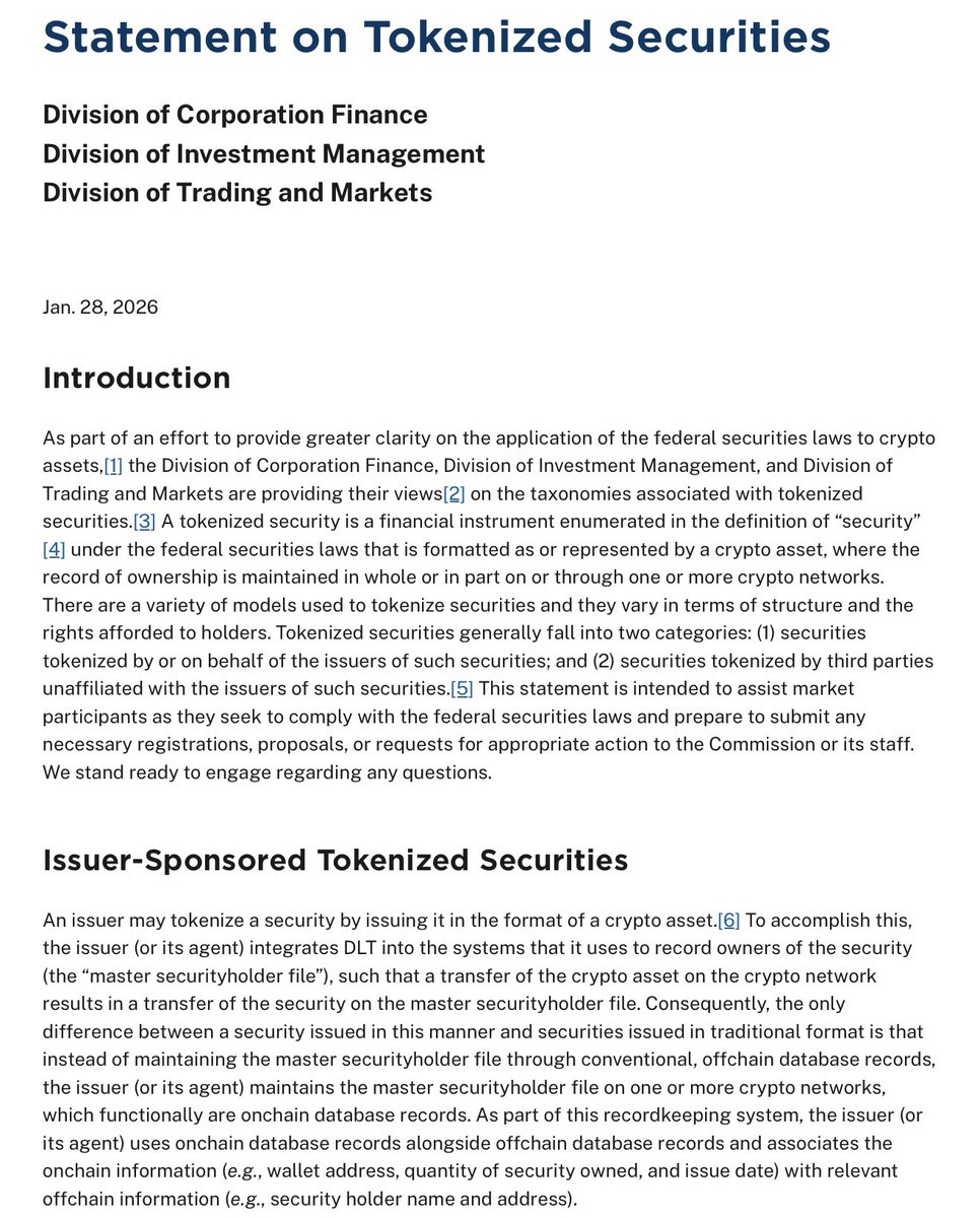 🚨NEW: <a href="/SECGov/">U.S. Securities and Exchange Commission</a> staff just put out guidance on tokenized securities, laying out how federal securities laws apply and distinguishing between issuer-led and third-party tokenization models.