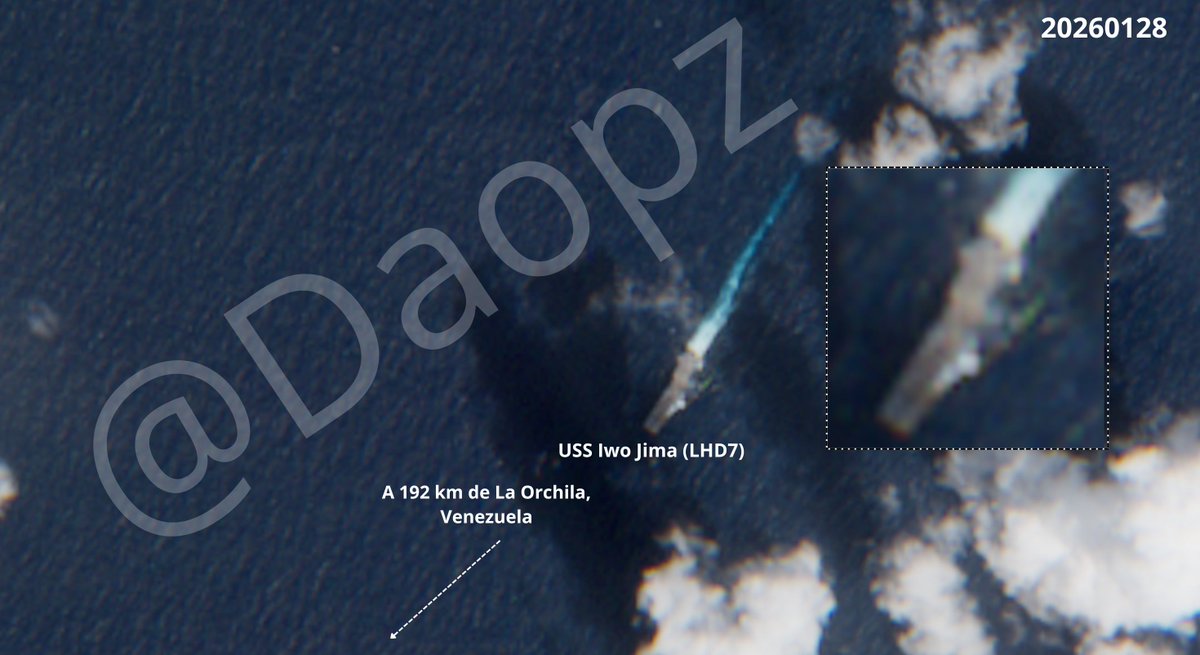 NEW🔴

28/01/26 I found the USS Iwo Jima (LHD7) wasp-class amphibious assault ship 192 km from La Orchila, Venezuela 🇻🇪 thanks to the images of <a href="/esa/">European Space Agency</a>