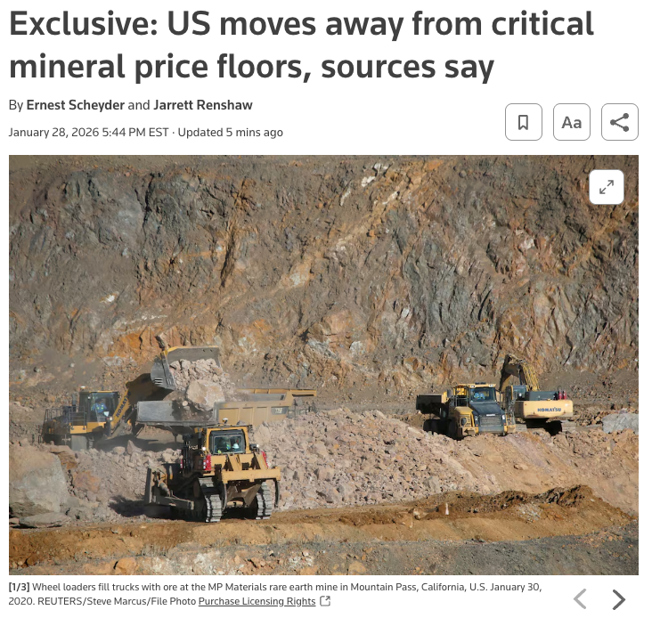 Trump admin is backing away from minimum price guarantees for U.S. critical minerals projects, citing lack of congressional funding and the difficulty of setting market prices. Officials told miners not to expect price floors, and $MP Materials’ earlier price floor is now under