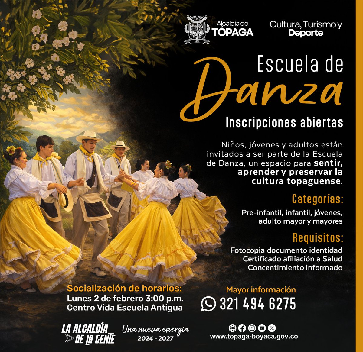 La Alcaldía de Tópaga, el Alcalde Juvenal Torres, la Gestora Social y la Secretaría de Cultura, Turismo y Deporte invitan a la comunidad a participar en la Escuela de Danza. Categorías: pre-infantil, jóvenes, adulto mayor y mayores.