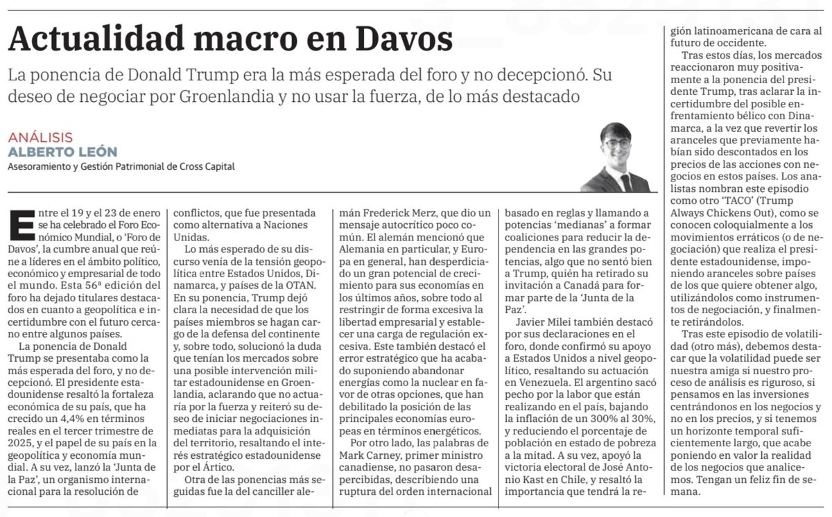 CrossCapital's tweet image. ✍️ «𝗔𝗰𝘁𝘂𝗮𝗹𝗶𝗱𝗮𝗱 𝗺𝗮𝗰𝗿𝗼 𝗲𝗻 𝗗𝗮𝘃𝗼𝘀», aportación de nuestro compañero 𝗔𝗹𝗯𝗲𝗿𝘁𝗼 𝗟𝗲𝗼́𝗻, quien recoge en su artículo de forma sintética los principales aspectos destacables en la 56ª edición del Foro Económico Mundial. Para nuestra última contribución…