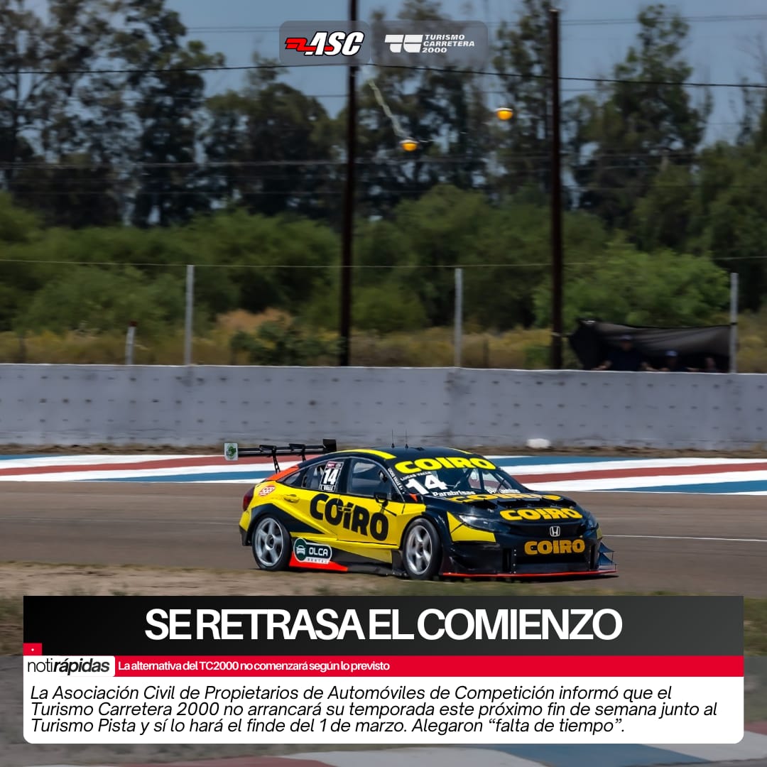 #ACTC2000 - SE RETRASA EL COMIENZO

La Asociación Civil de Propietarios de Automóviles de Competición informó que el Turismo Carretera 2000 no arrancará su temporada este próximo fin de semana junto Turismo Pista y sí lo hará el finde del 1 de marzo. Alegaron “falta de tiempo”.